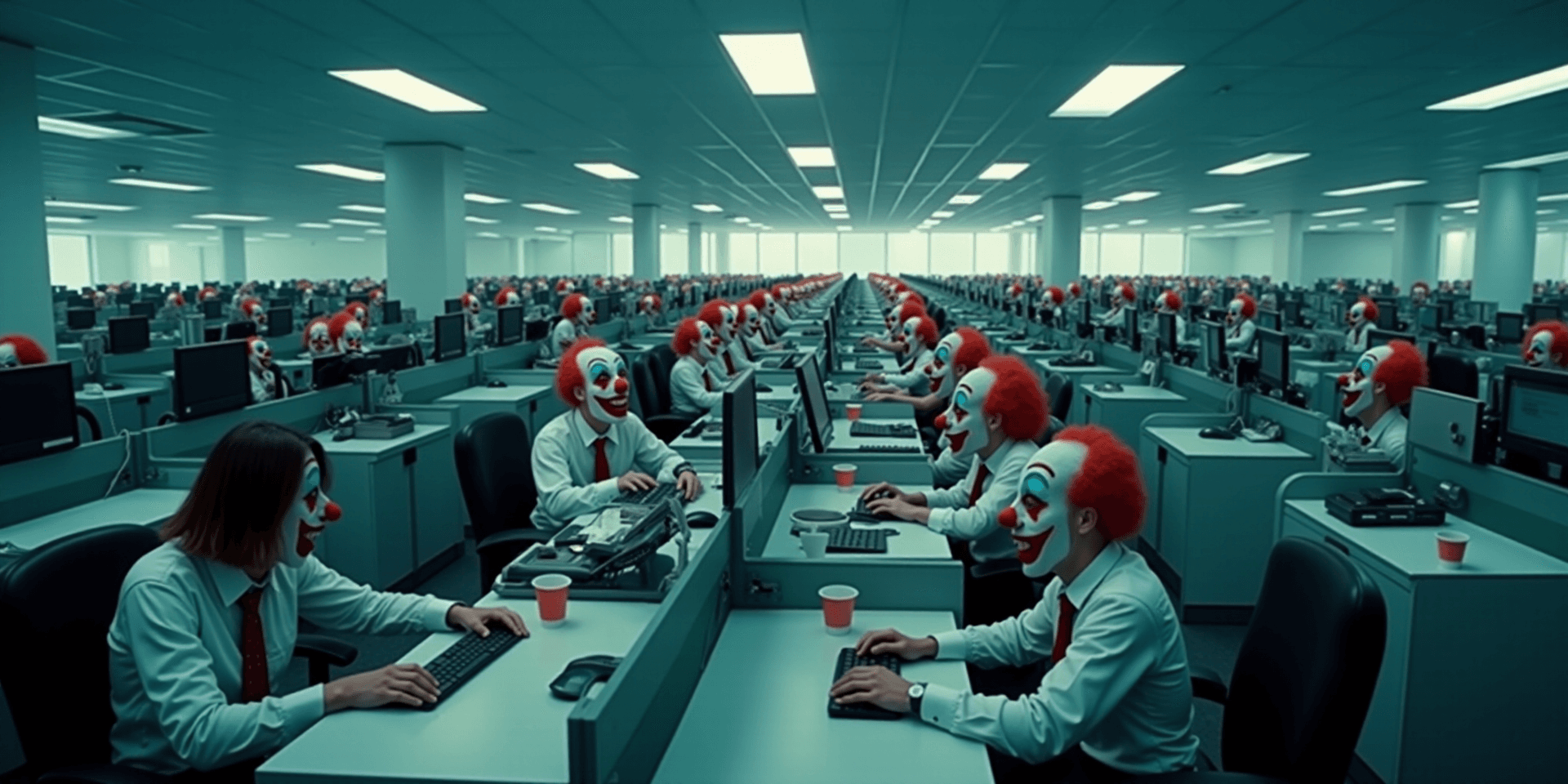 AI generated: A widescreen cinematic scene set in a sterile, fluorescent-lit open-plan office, filled with endless...