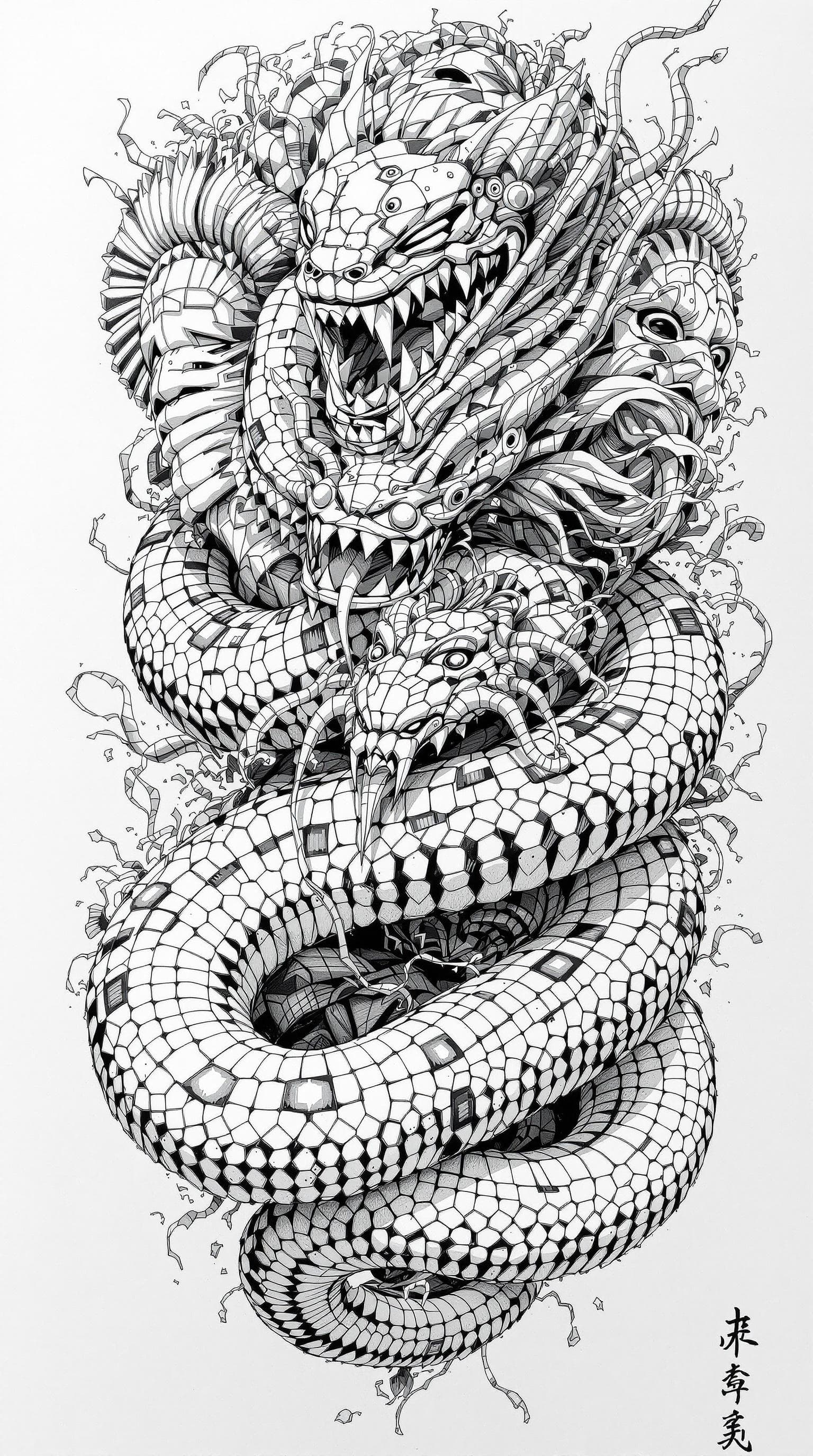 AI generated: A snake, black and white pencil drawings,Countless Japanese masks wrap around the subject