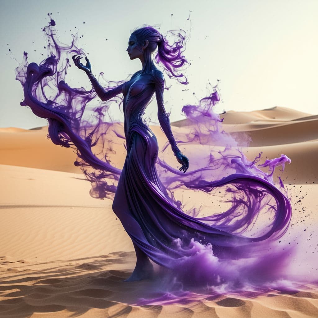AI generated: A powerful djinn sorceress, her form dissolving and reforming into swirling patterns of smoke and sa...