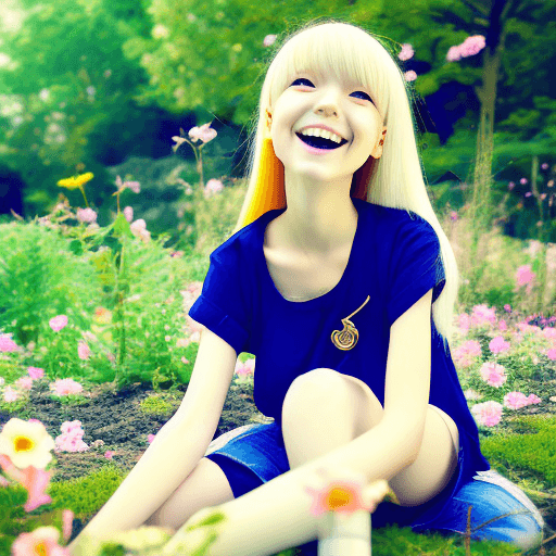 AI generated: Anime style, girl, gold haired, happy, 10 years old, sit, garden
