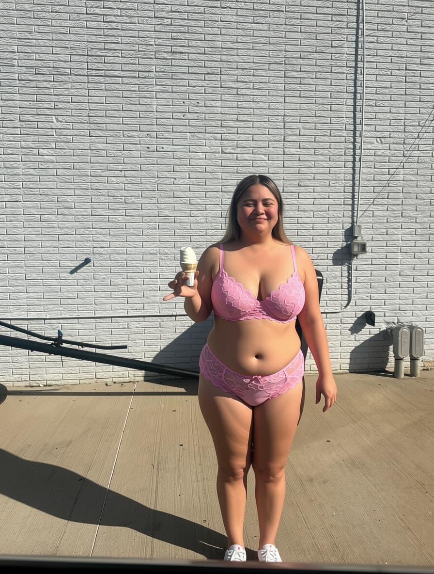 AI generated: Can you give here a pink lace Victoria secret lingerie set and Can you remove her bra and leave her ...