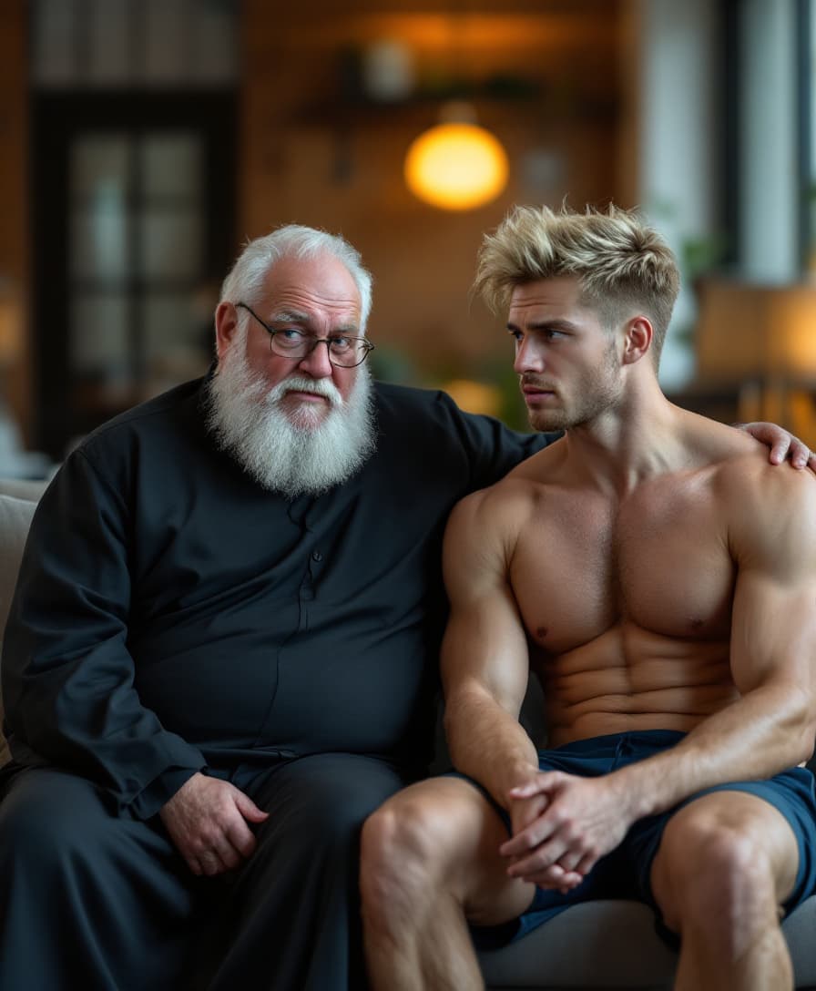 AI generated: high-resolution photo of a fat elderly priest, next to muscular, young man with light blonde hair we...