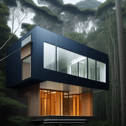 AI generated: The sea house. background high forest. glass facade. modern and parametric facade.