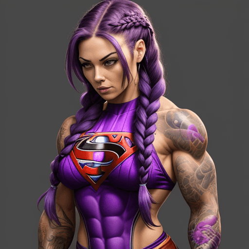 AI generated: muscular woman, tattoos, purple braided hair, superhero outfit