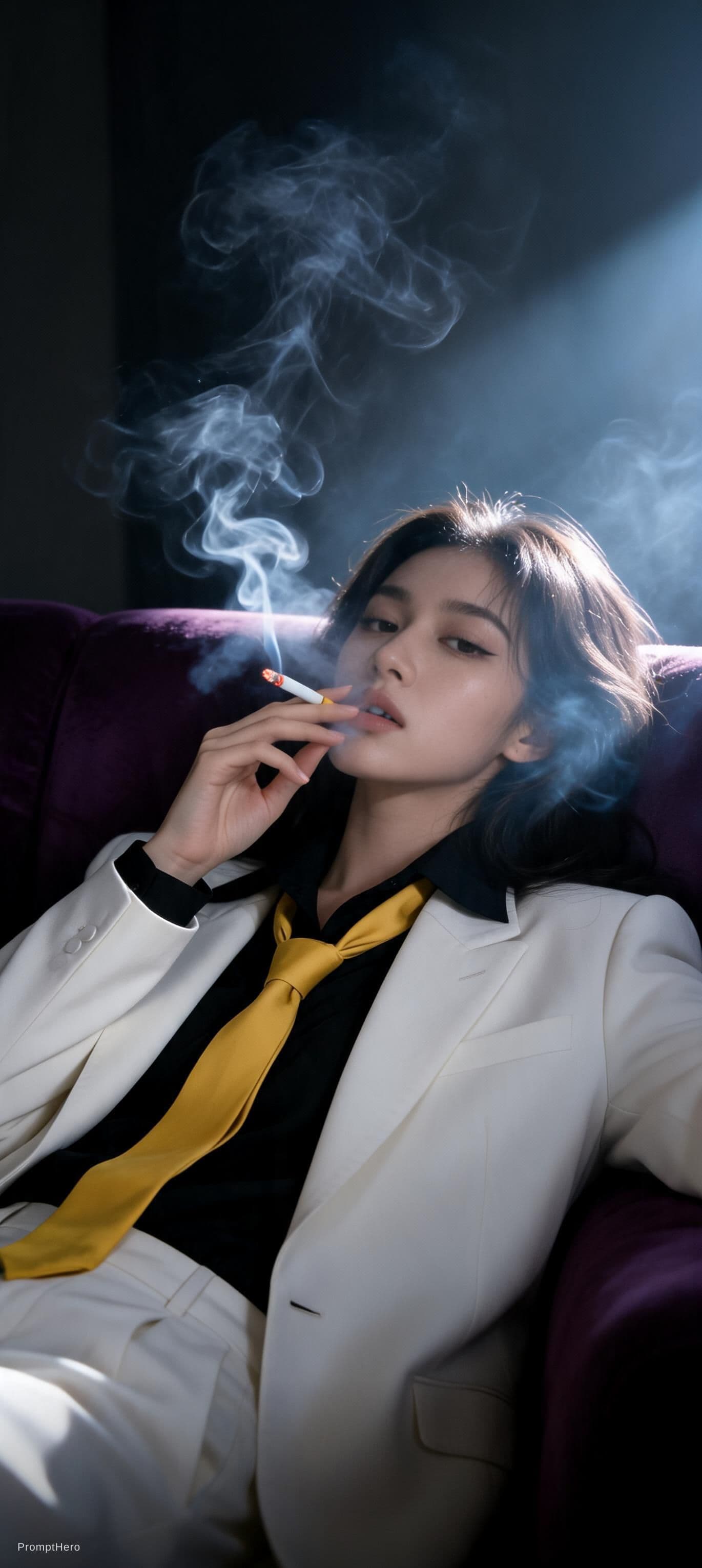 AI generated: snapshot, dimly lit room with a hazy atmosphere, capturing a female model lounging on a deep purple ...
