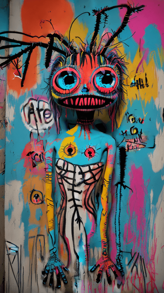 AI generated: graffitied on the wall invision my imaginary friend a Absurd Embroidery bird head spider legs red or...