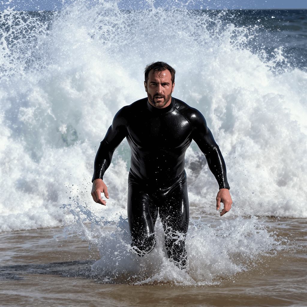 AI generated: Barry Sloane in wet suit coming out of the the sea with huge waves behind him
