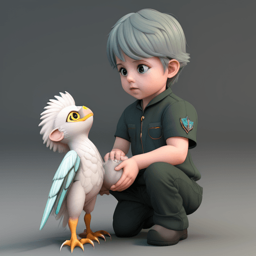 AI generated: 3D Boy take care of baby gryphon, UHD