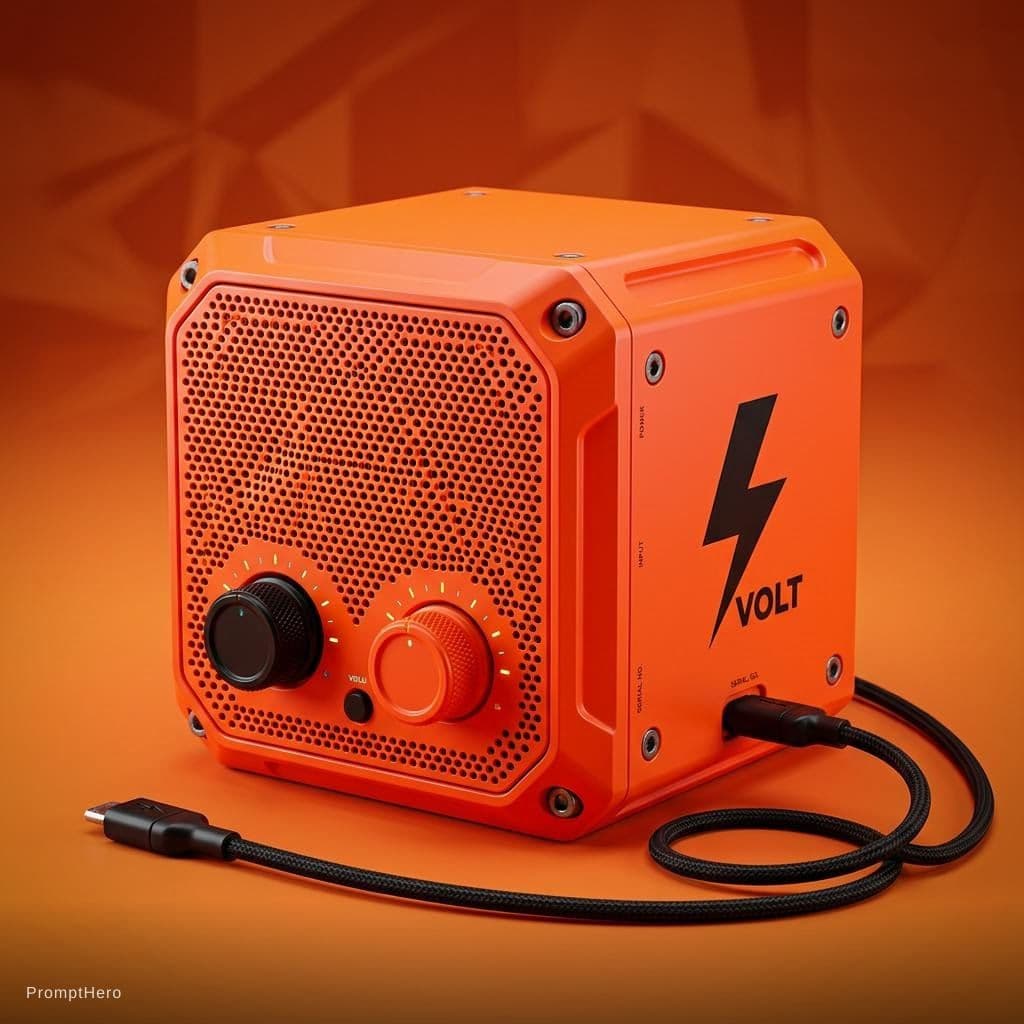 AI generated: A futuristic, minimalist cube-shaped speaker in vibrant fluorescent orange, featuring a perforated s...