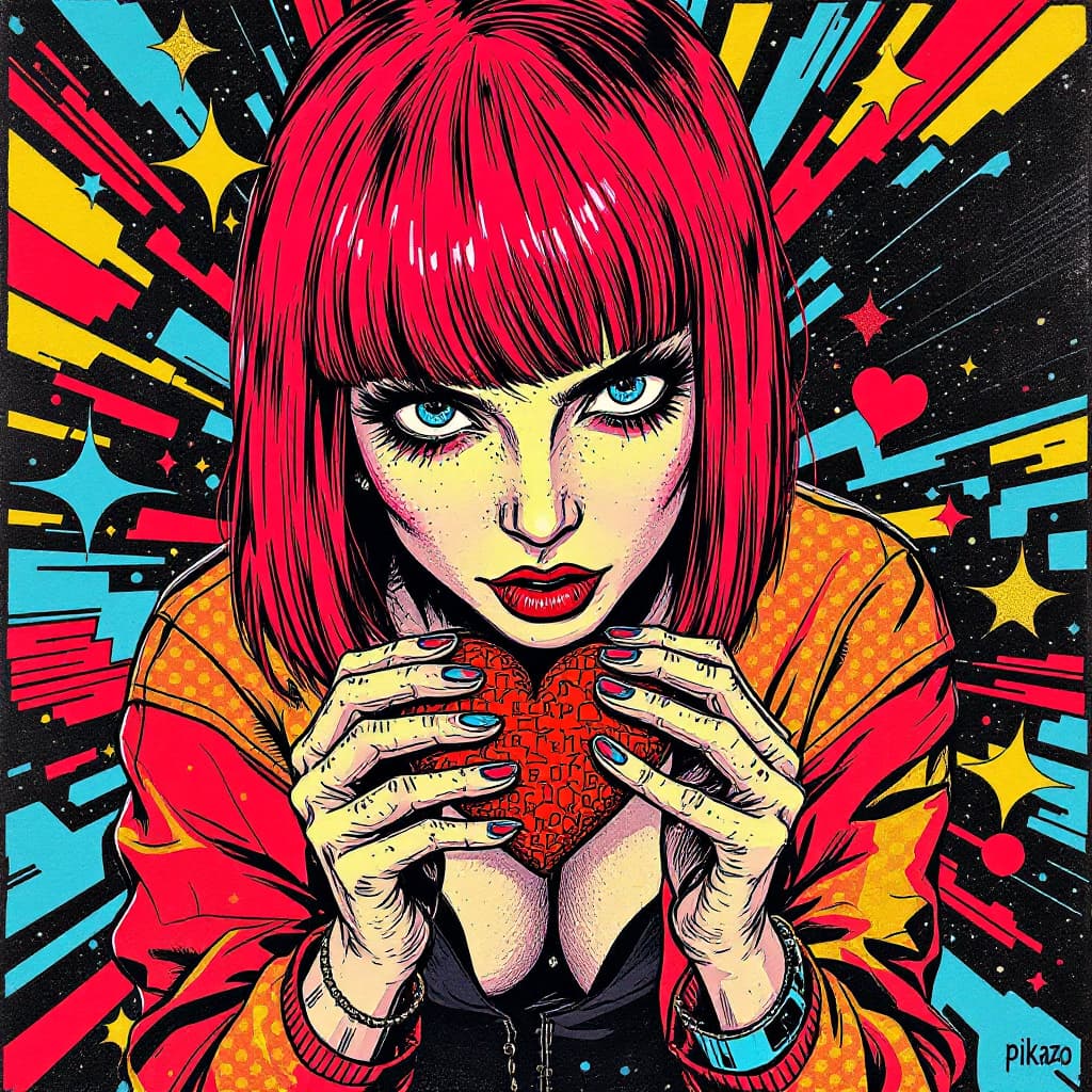AI generated: 
by mika pikazo, red bob, cyber, holding heart, pop art, revenge pop, by mikapikazo