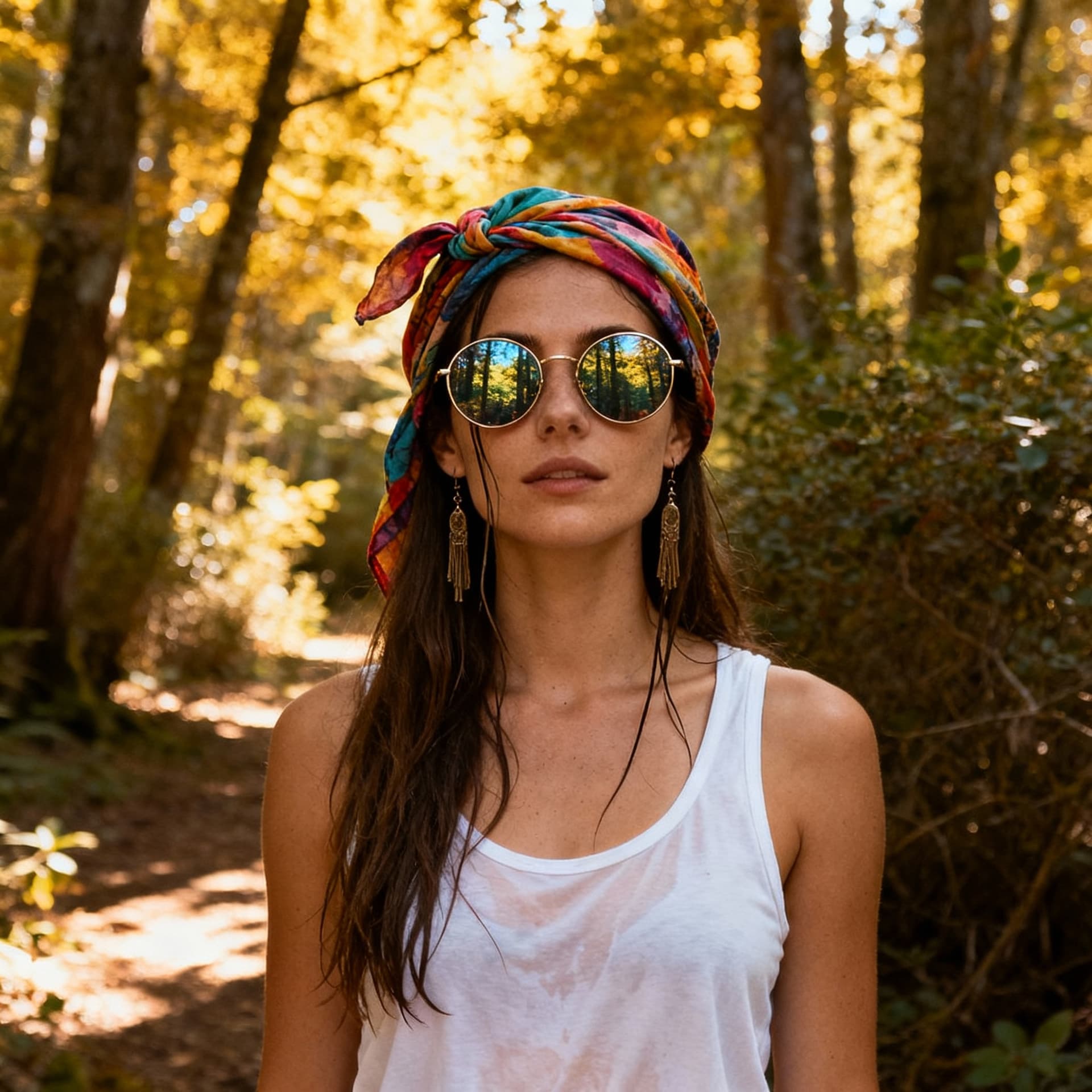 AI generated: A woman stands out against a backdrop of dense trees and shrubbery, the warm sunlight filtering thro...