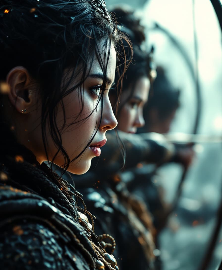 AI generated: women archers with bows, in the style of historical reimagining, cinematic montages, dark & explosiv...