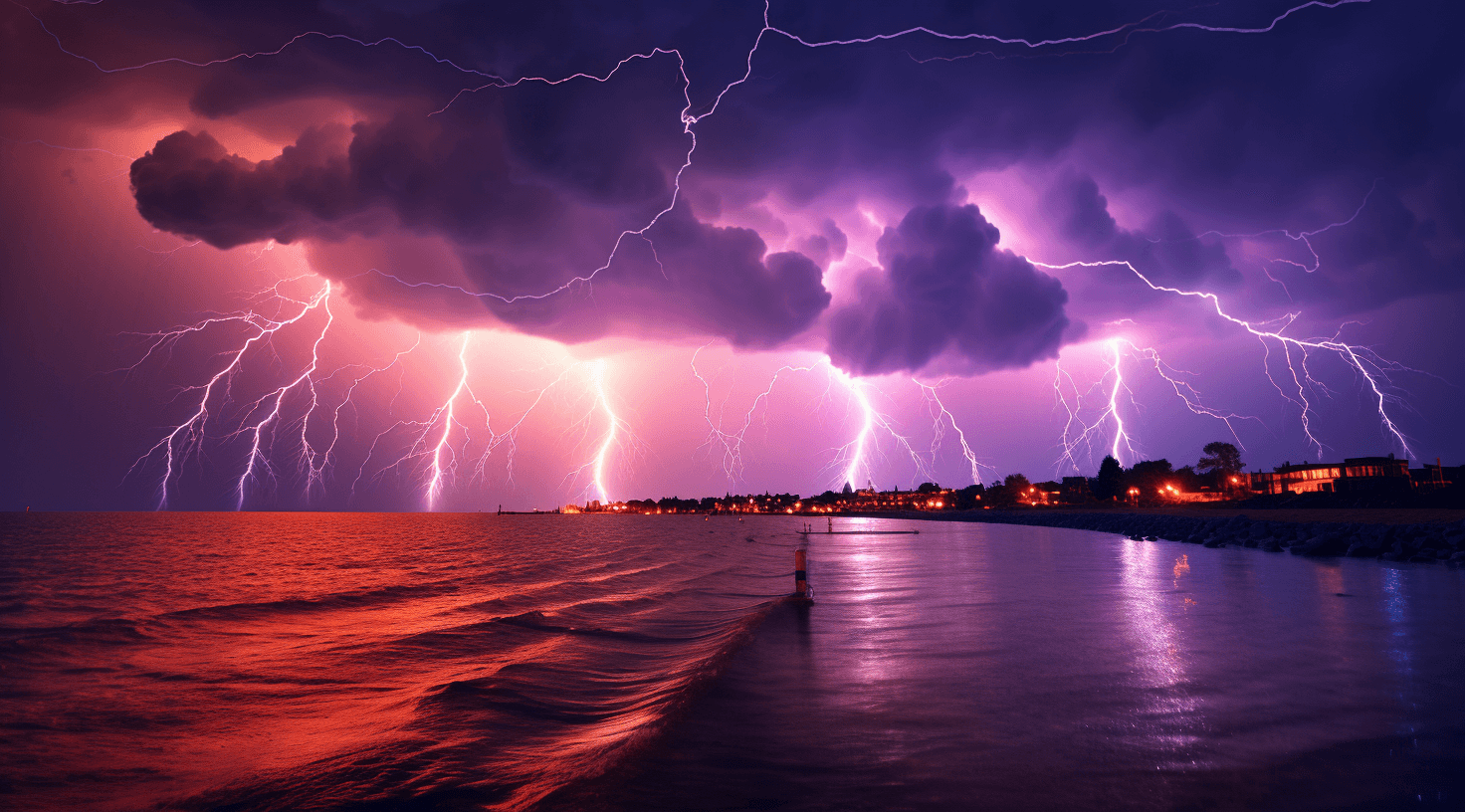 AI generated: lightning over the sea while on foot, in the style of impressive panoramas, sigma 85mm f/1.4 dg hsm ...