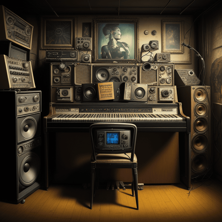 AI generated: music Album cover picture, punk, surreal art, oil picture, radio, speaker, computer, piano, organ, r...