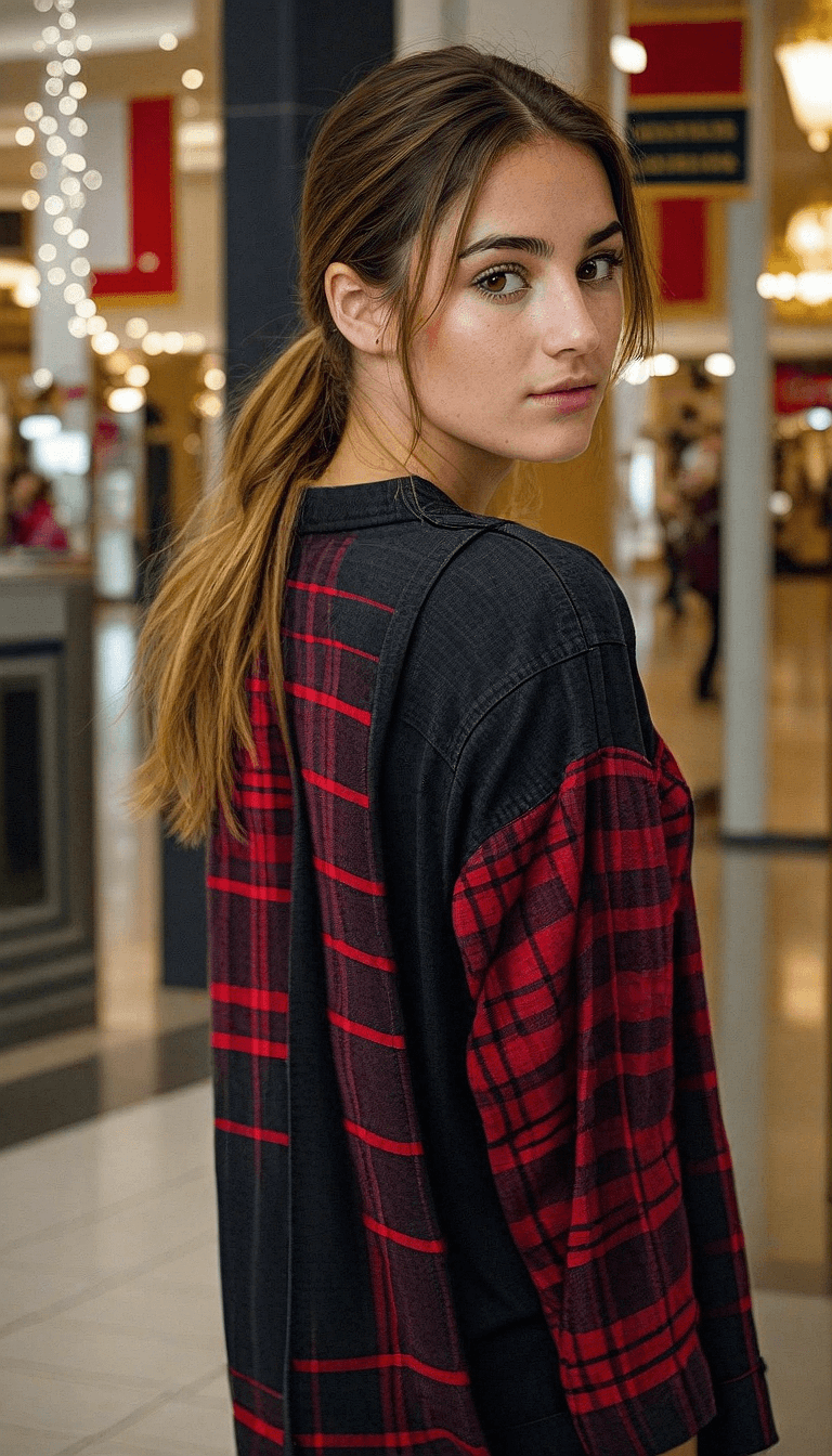 AI generated: An image of a young woman with light brown hair in a low ponytail, standing in an indoor shopping ma...
