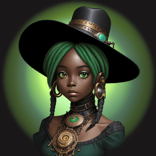 AI generated: The african american girl in the hat is wearing green with black facial features, in the style of da...