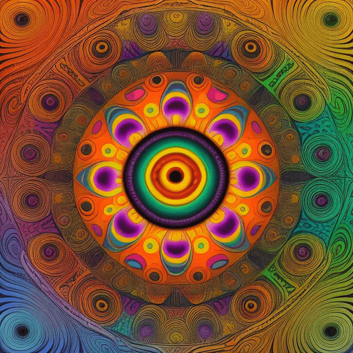 AI generated: A yellow and orange colored background with an eye in the center, suns radiating out from it, trippy...