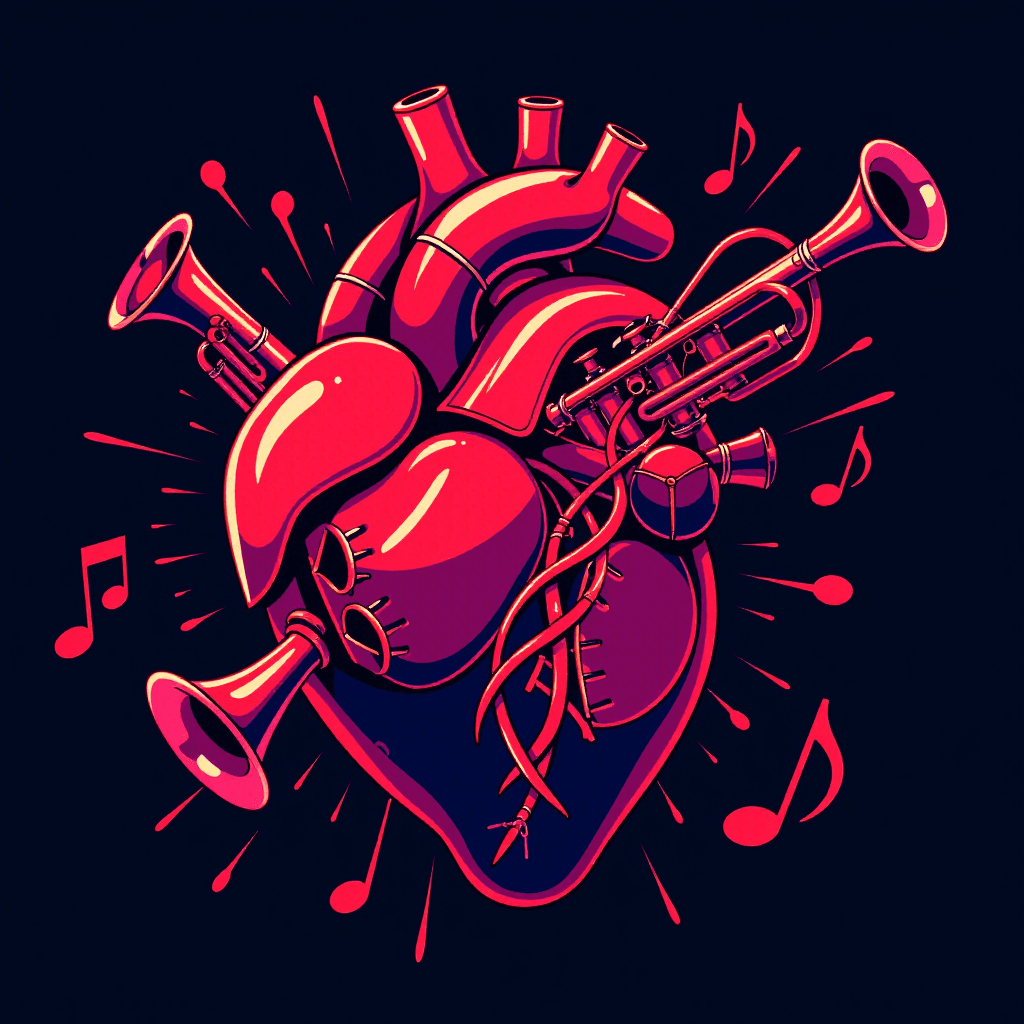 AI generated: Dynamic digital illustration: A stylized human heart, glowing with intense reds and purples, its vei...