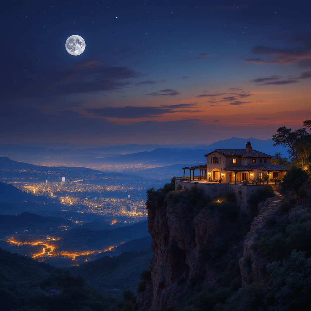 AI generated: a mexican hacienda house on a cliff overlooking a city  over the horizon, and the night sky is with ...