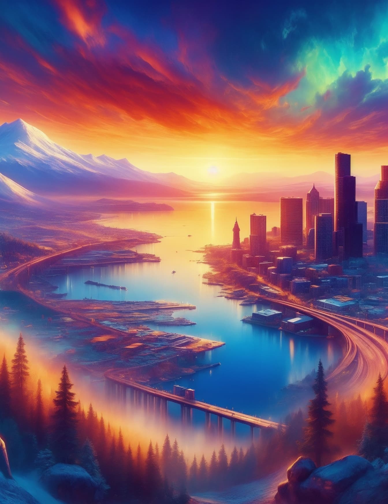 AI generated: vivid fantasy depiction of Seattle with fantasy elements, an incredible sunset, and an epic view of ...