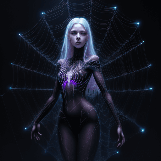 AI generated: a stunning realistic photoshoot of young pale skin lady, webs intigrating into glow hair, spider and...