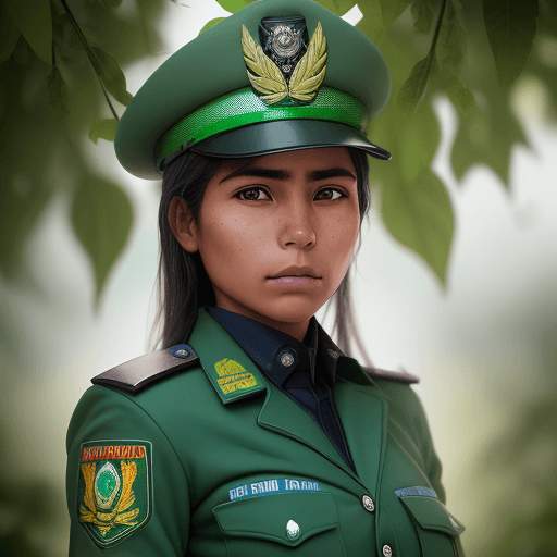 AI generated: bolivian female young police, wearing bolivian green cop uniform, 4k, chewing green leafs, photoreal...