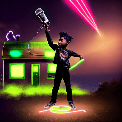AI generated: Photo of a brown skin boy rockstar with metallic outfit, very short black faded hair,  holding micro...