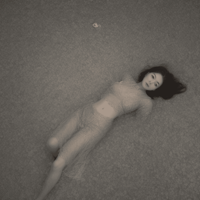 AI generated: A beautiful, Japanese woman, lies on the ground, her on her stomach, in a serene glen beside a clear...