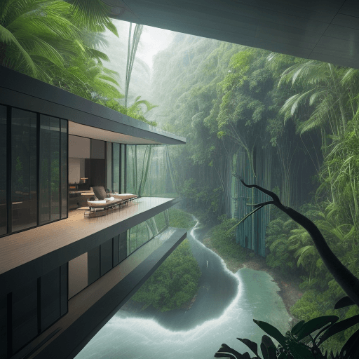AI generated: Picture a sleek, modern residence seemingly floating above a jungle river. Describe the innovative a...