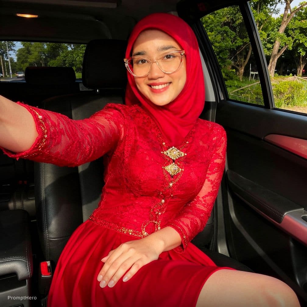 AI generated: make she laying on car seat and selfie in red skirt