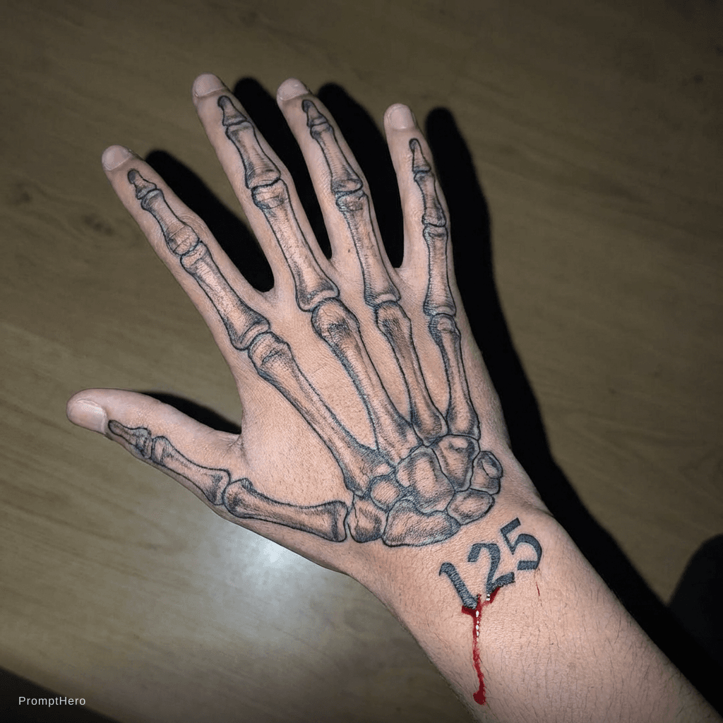 AI generated: hand tattoo, skeleton hand and finger bones on wrist the number 125 with a line of blood under it le...