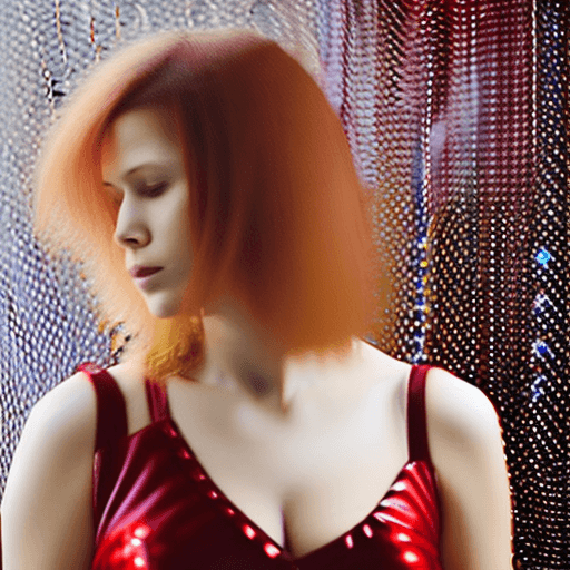 AI generated: An image of a topless big breasted young woman with shoulder-length tousled auburn hair and no shirt...