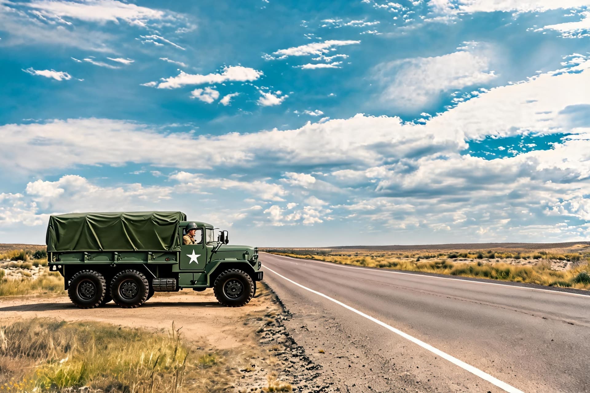 AI generated: 
Show an Army Member driving the truck. The year is 1947.
