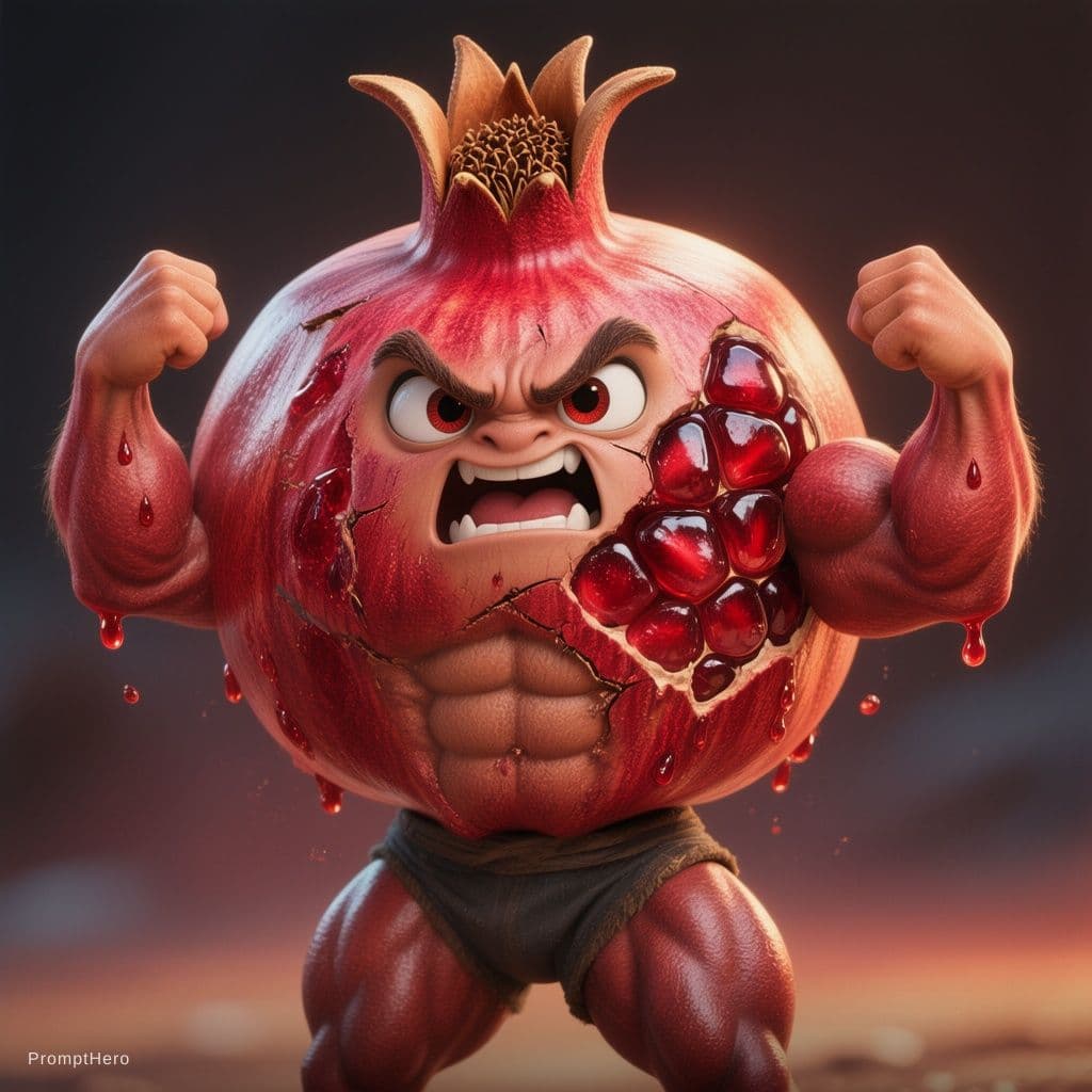 AI generated: Pixar-style 3D render, highly detailed character design. A muscular, buff pomegranate character with...