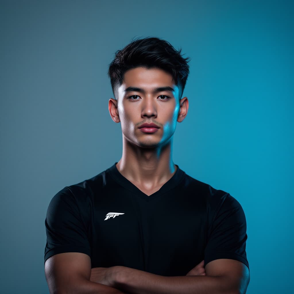 AI generated: fashion editorial photography, front shot, upper body, professional male esports player, shot with h...