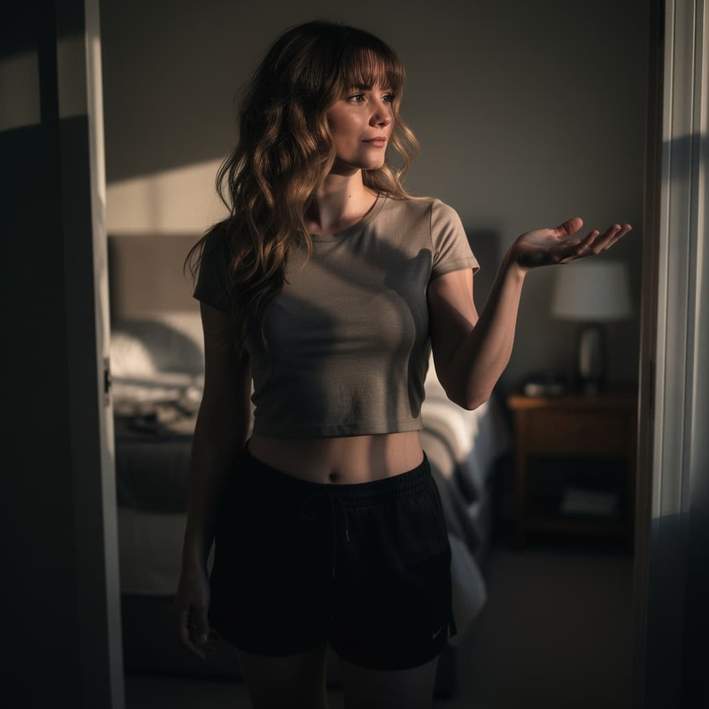 AI generated: A woman stands poised in the doorway to her bedroom, inviting the viewer with a subtle gesture. Her ...