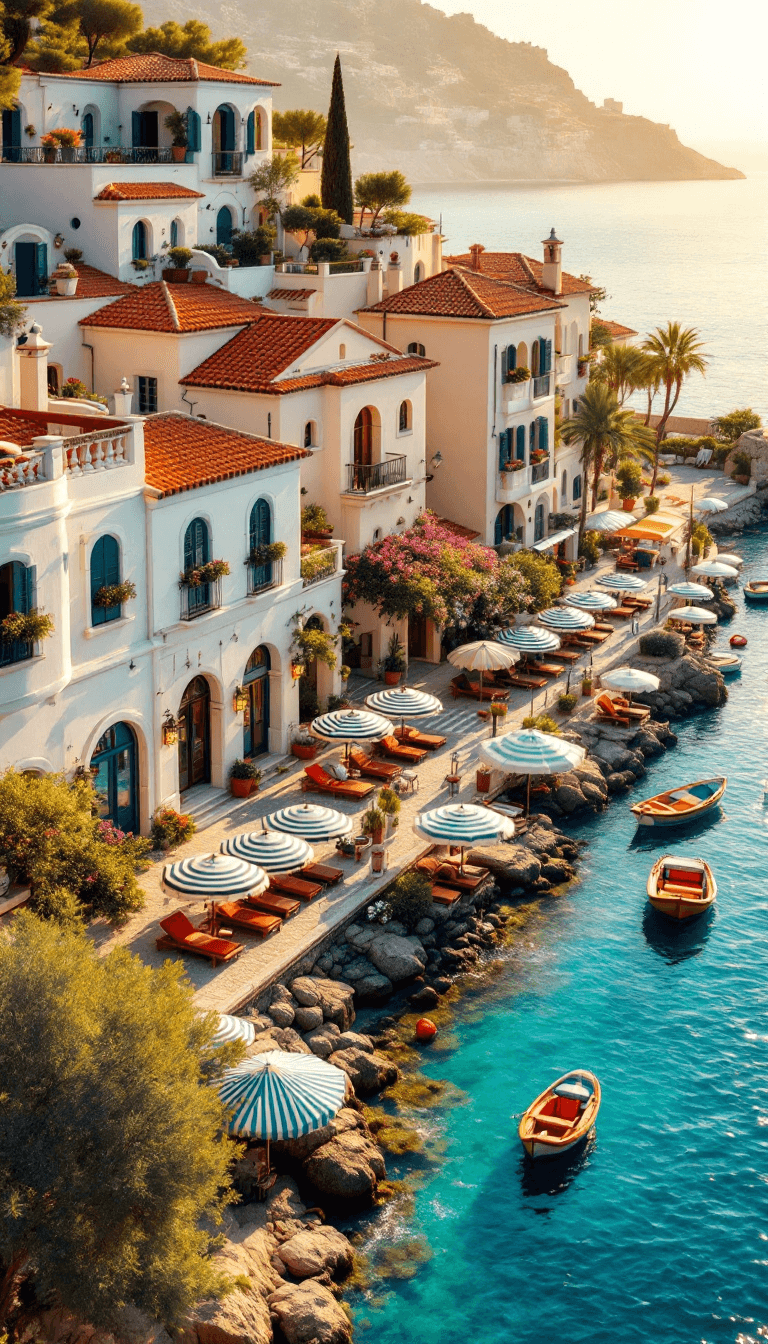AI generated: A vibrant aerial view of a Mediterranean-inspired waterfront, with light pastel-colored apartment bu...