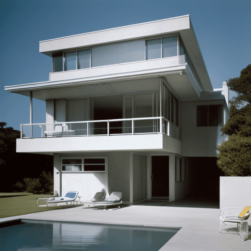AI generated: Hyper realistic eye level exterior photo of a mid century modern style house overlooking the ocean, ...