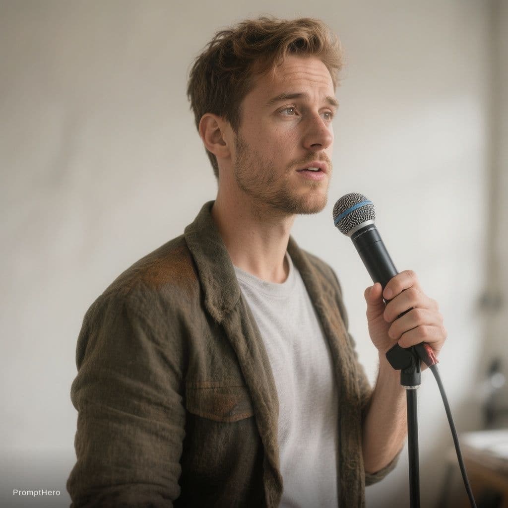 AI generated: Man stand and he look over and he take a 🎤 