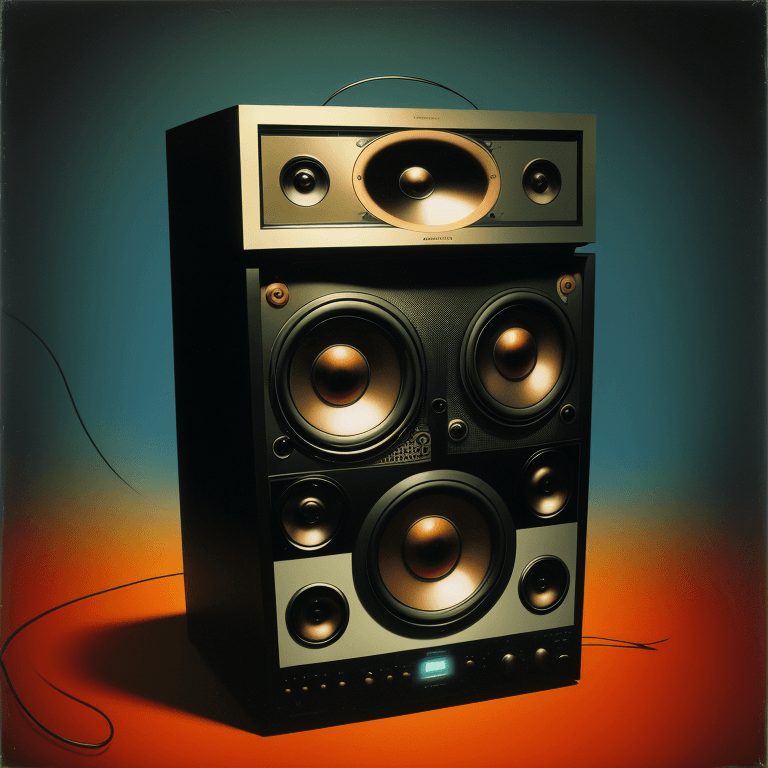 AI generated: music Album cover picture, surreal art, oil picture, speaker,  electronic, 1980