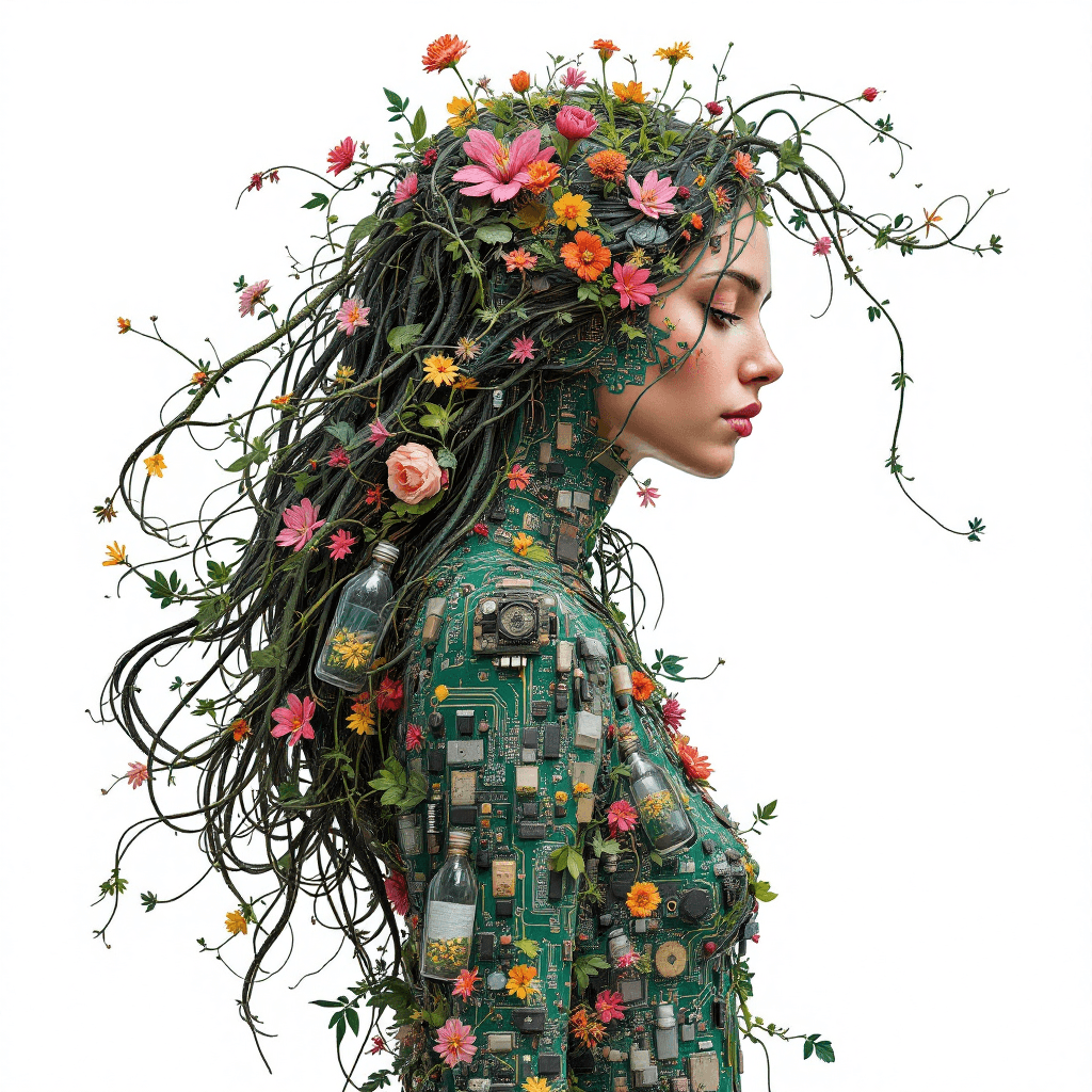 AI generated: (3) A highly realistic digital painting portrays a botanist, whose figure is composed of a blooming,...