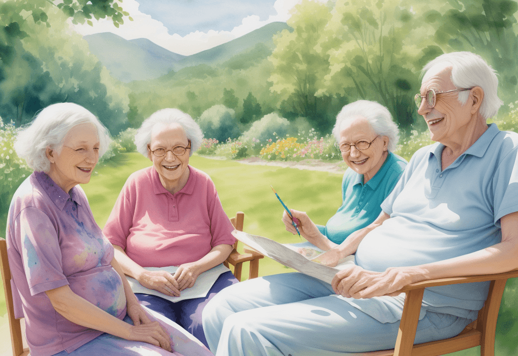 AI generated: Drawing of elder people, sitting, happy, summer painted artwork in aquarell, sun, landscape in the b...