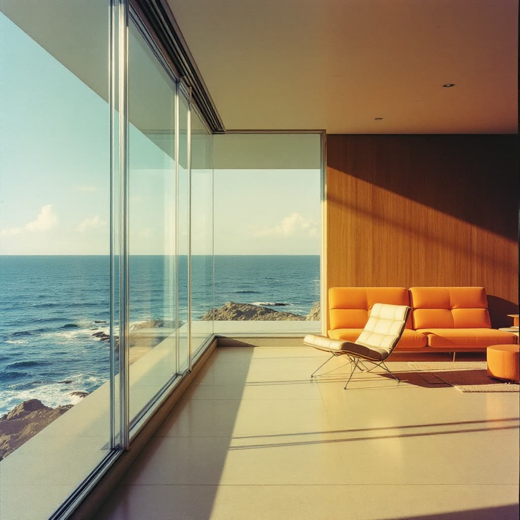 AI generated:  overlooking the ocean, daylight, indirect lighting, AD magazine, Frank Lloyd, Eames, Mies van der R...