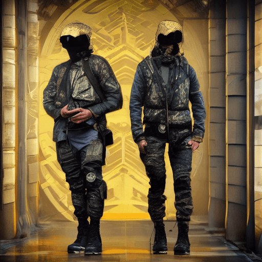 AI generated: military look and clothes, we can see them from feet to head, highly detailed and intricate, golden ...