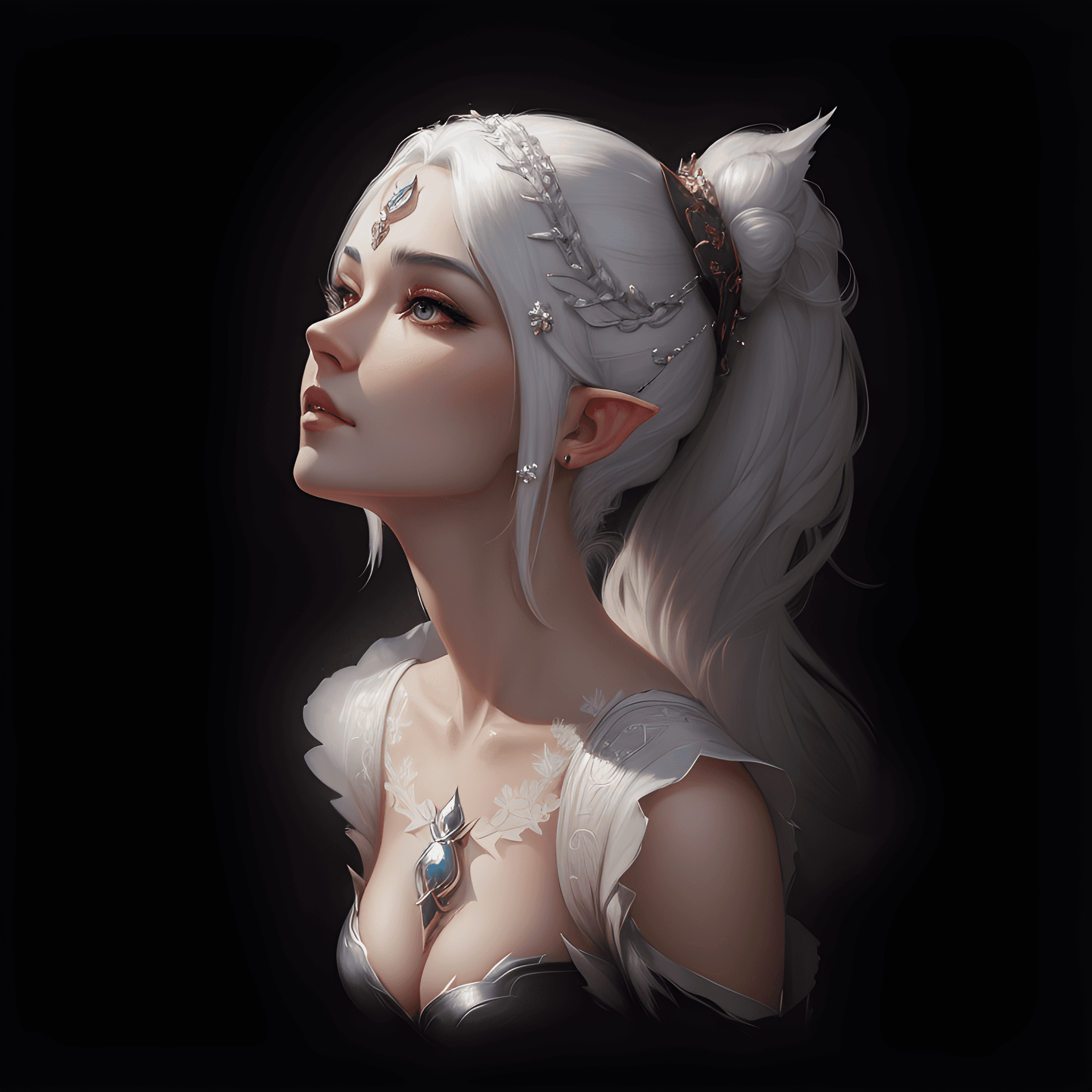 AI generated: a digital painting of a woman with white hair, inspired by WLOP, fantasy art, beautiful animal pearl...
