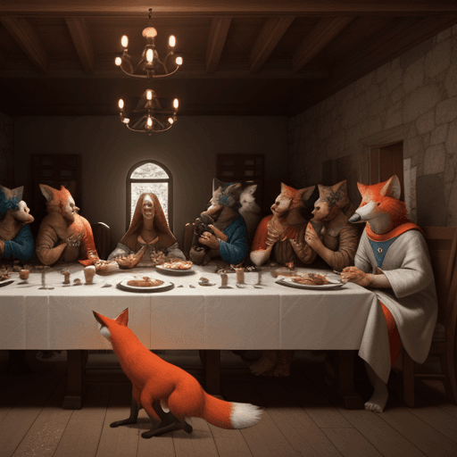 AI generated: The last supper but the people are foxes, ultra realistic, unreal engine. 
