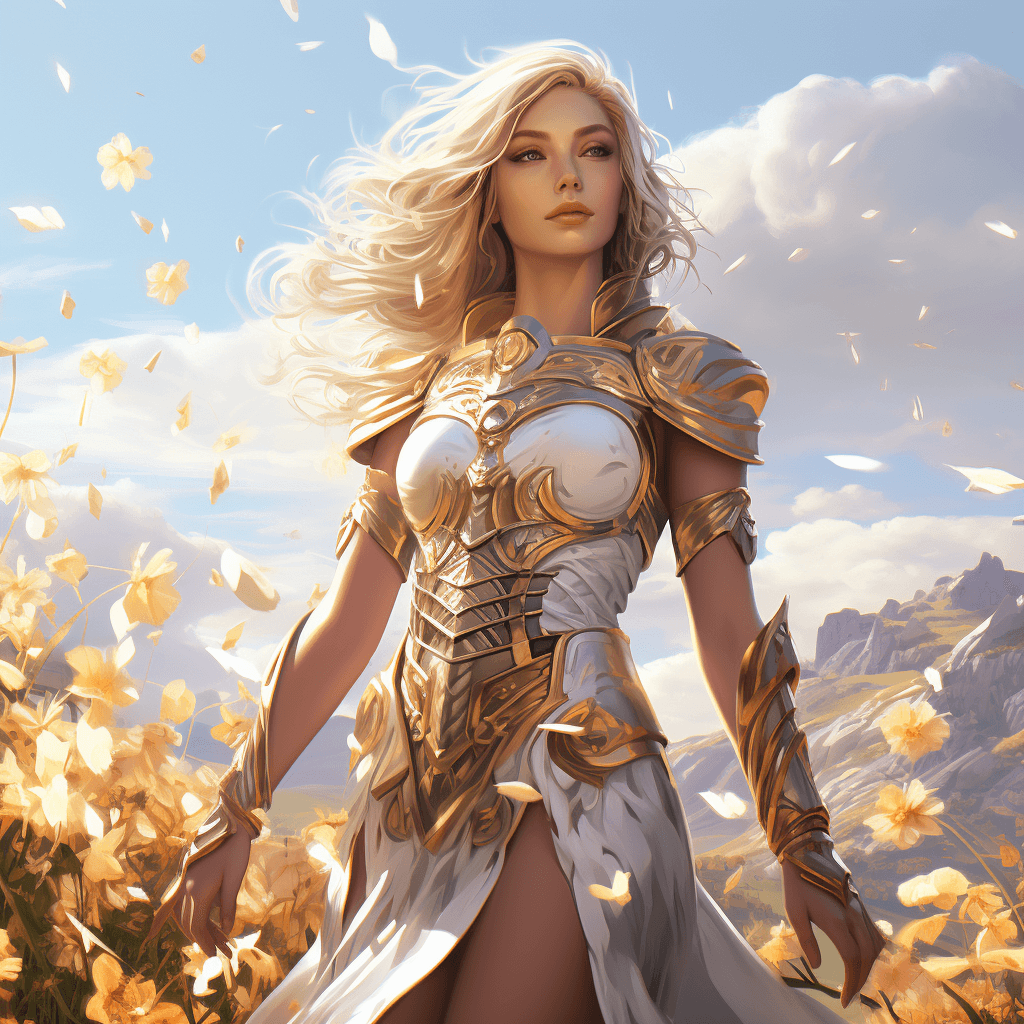 AI generated: Hyperrealistic full length portrait of gorgeous goddess | standing in field full of flowers | detail...
