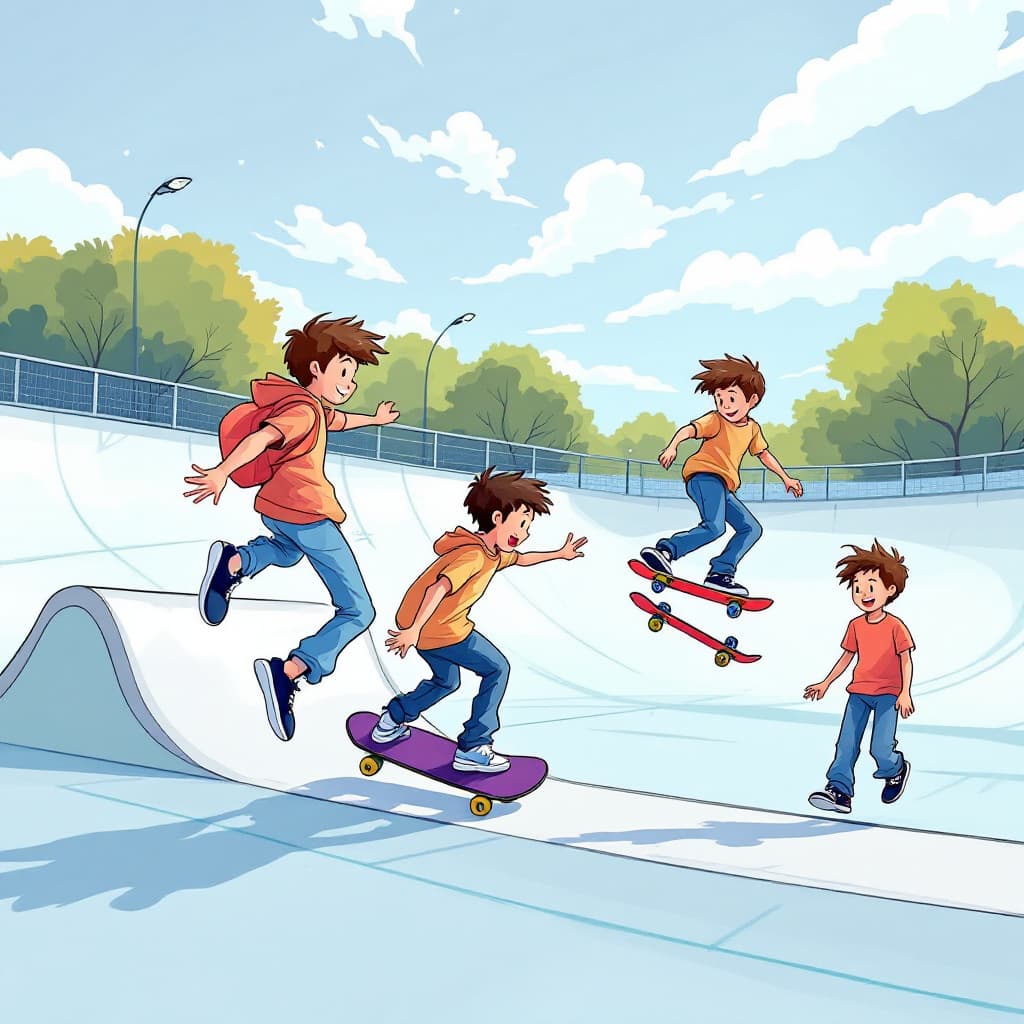 AI generated: "Dibuja una escena en una pista de skate donde varios niños están realizando trucos con patinetas: u...
