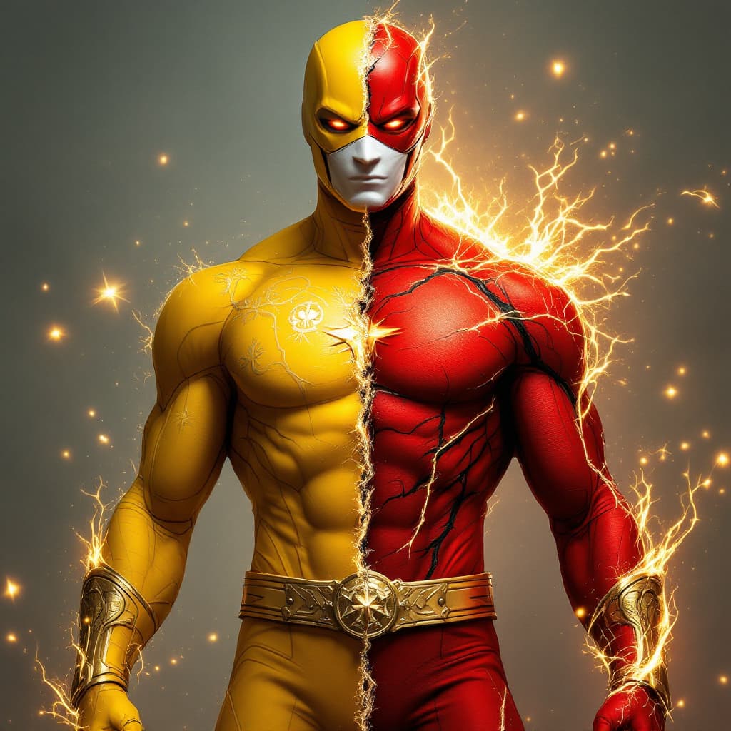 AI generated: A heroic figure stands tall, with a dramatic duality that splits their entire being in two. On one s...