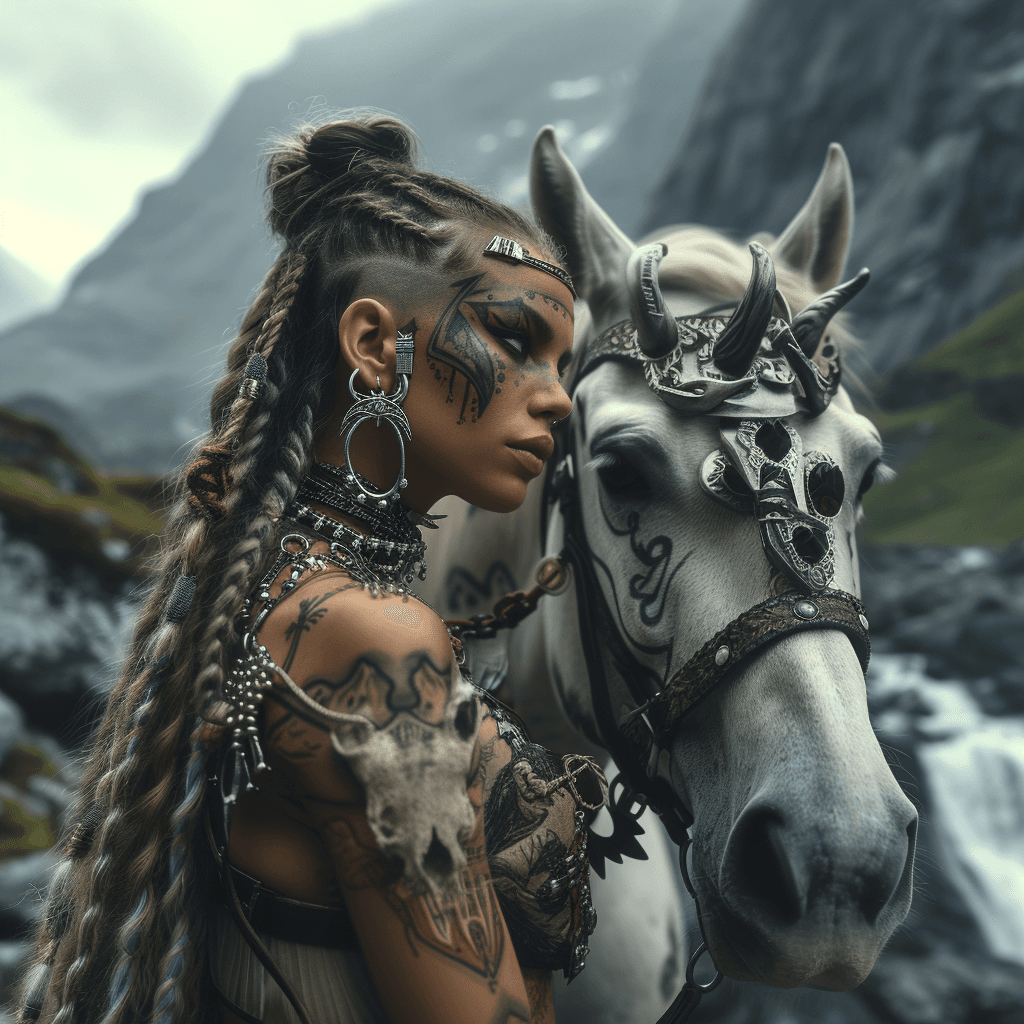 AI generated: beautiful nordic viking princess, she is in her homeland with beautiful mountains and waterfall, she...